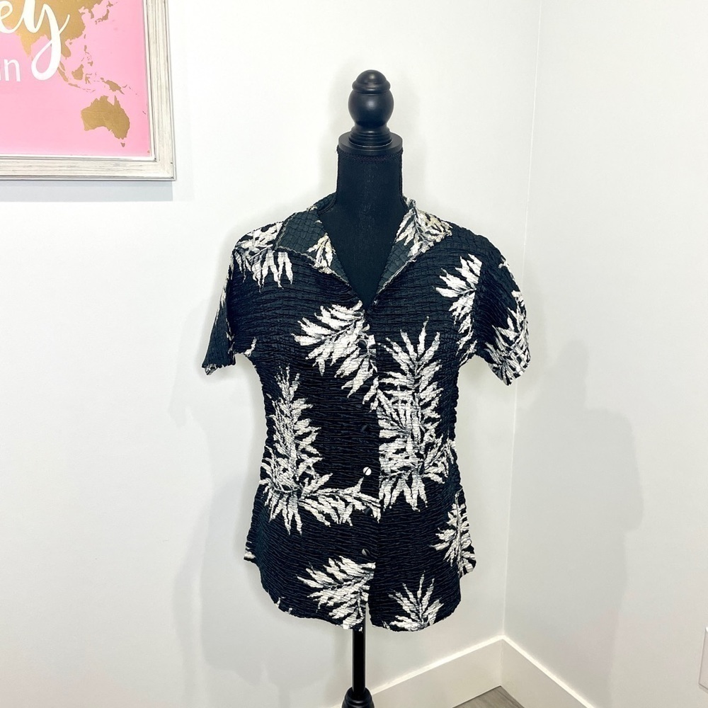 Alberto Makali Black White Tropical Stretch Popcorn Shirt Blouse Button Up